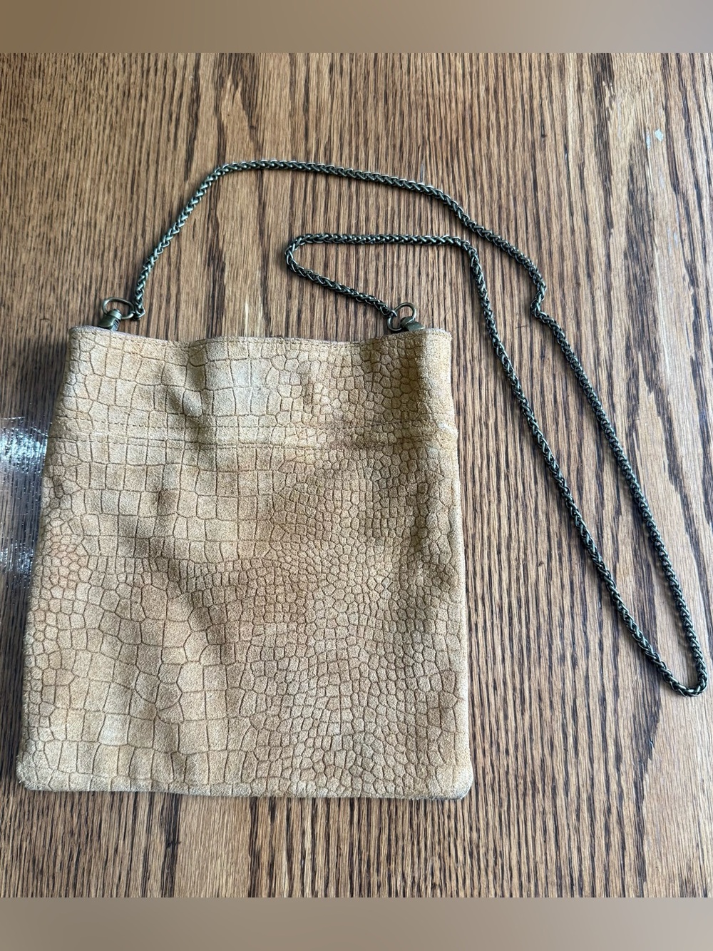 Suede Croc-Embossed Chain Crossbody Bag in Tan